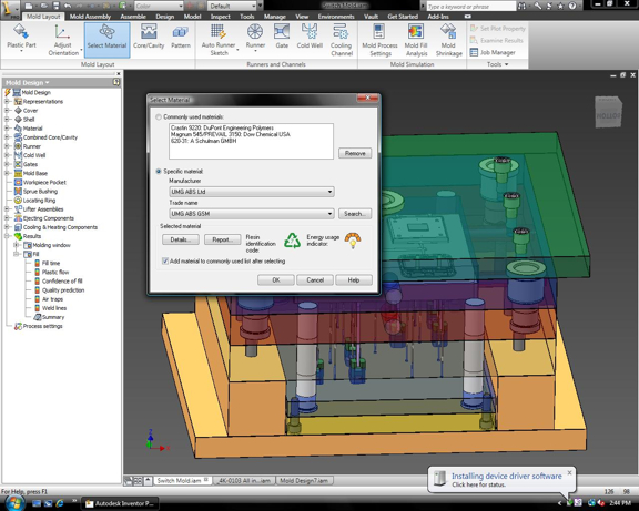 The material selection dialog box lets you see the resin's recycle value and energy cost.