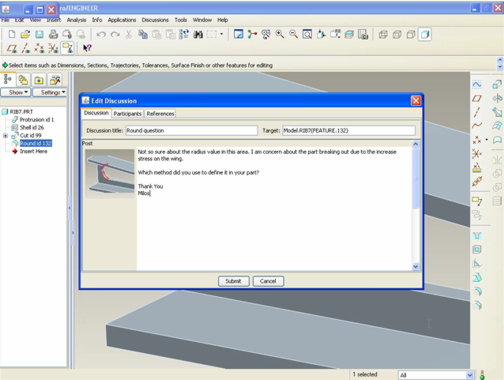 Vuuch, a new CAD add-on, shown here in Pro/ENGINEER, lets you launch discussion threads from the design environment.