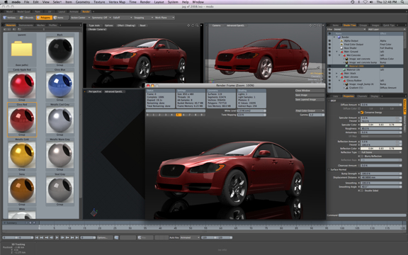modo 401's interface, showing a collection of materials with editable properties.