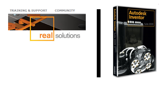 In its case against SolidWorks, Autodesk argues SolidWorks' Real Solutions campaign logo (loft) amounts to trade dress infringement because it combines Autodesk's RealDWG tagline and an element of the Autodesk Inventor logo (right).