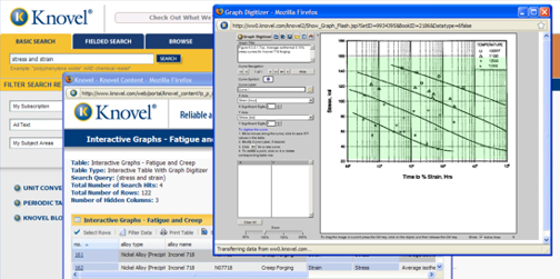 Knovel's search results include interactive tables that can be exported.