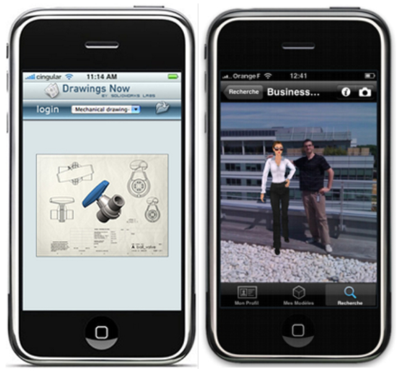 Dassault Systemes' exploration of the handheld market include the launches of an iPhone-friendly interface for Drawings Now (left) and 3DVIA Mobile (right).