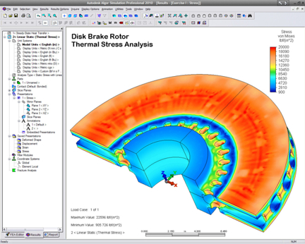 Post-acquisition Algor debuts under the Autodesk banner as Autodesk Algor Simulation 2010. Shown here are the software's thermal and stress analysis features.