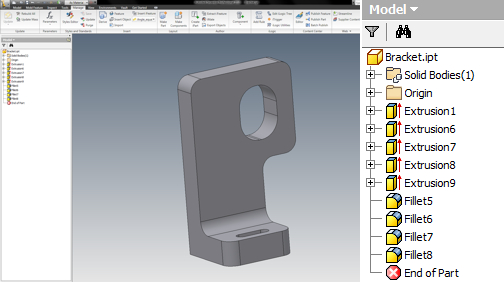 The original part, shown in Autodesk Inventor. The right panel shows an enlarged view of the part's history tree.
