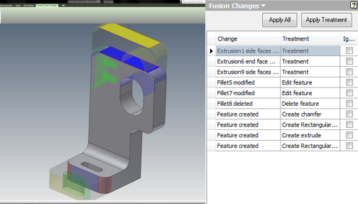 A comparative view of the altered part, as shown in Autodesk Inventor. The right panel shows an enlarged view of the list of changes awaiting approval.