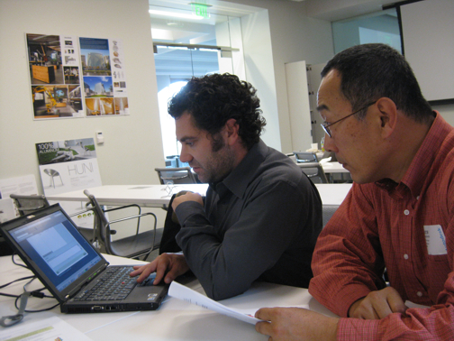 Desktop Engineering's Kenneth Wong (off camera) joins Denny from Autodesk and Sang-Tae Kim to explore greener design options at a recent Sustainable Minds workshop, at Autodesk Gallery in San Francisco.