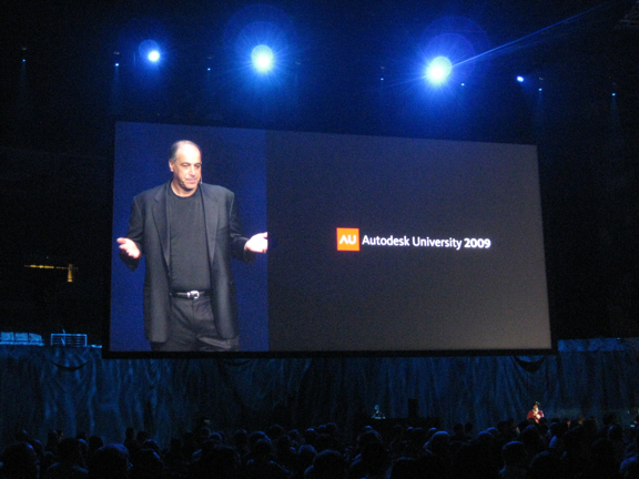 Autodesk president and CEO Carl Bass, looming large on the AU screen.