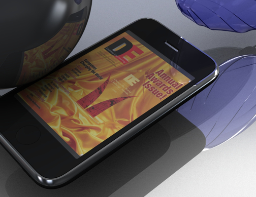 Cover of special issue of DE, rendered as decal on a 3D iPhone model in SolidWorks PhotoWorks.