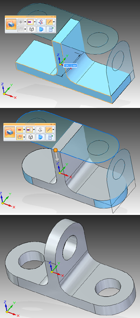 By extruding sketch profiles visible in the folded views and by using profiles to trim away excess materials, you arrive at the 3D solid part.