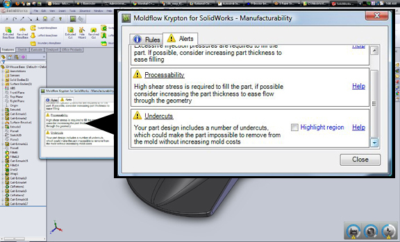 Moldflow Krypton for SolidWorks, with enlarged alert window warning user of manufacturing issues detected.