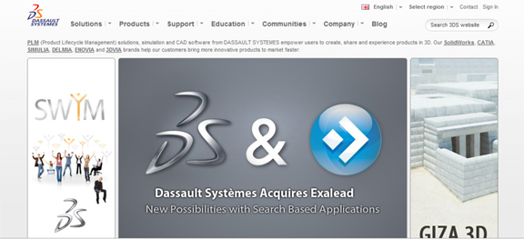Dassault Systemes' home page, tagged with the Exalead logo in the week followin the acquisition.