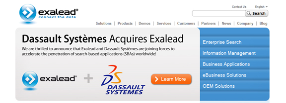 Exalead's home page touting Dassault's acquisition.