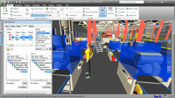 Simulating factory operations in Navisworks, part of the Autodesk Factory Design Suite.