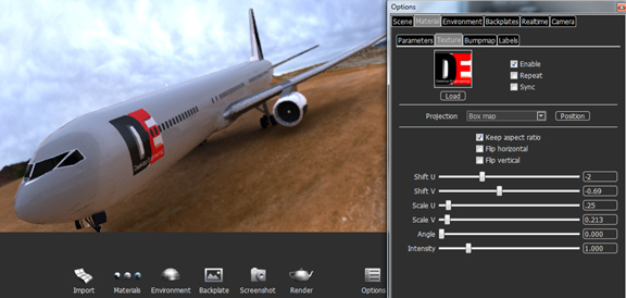 The Options dialog box lets you adjust environment bright, change material colors, or upload an image as a decal.