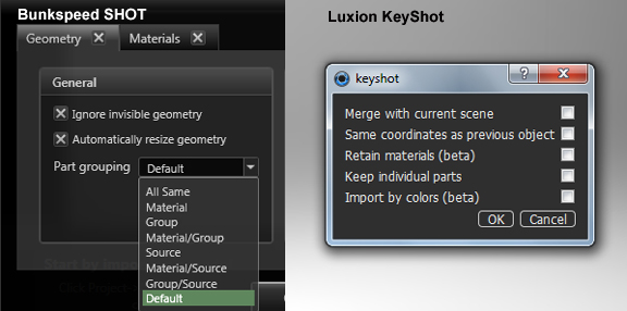 Left: Material grouping options at import in Bunkspeed SHOT; (right) material grouping options at import in Luxion KeyShot.