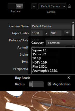 Bunkspeed SHOT: (top) Single-click button to turn on or off ray tracing; (middle) grouping options at import; (bottom) Ray Brush for cpncentrated