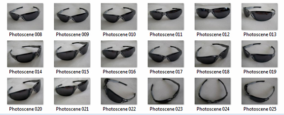 Source photos, roughly a dozen digital photos of a pair of sunglasses, taken from varing angles with a standard consumer-friendly digital camera (Cannon Powershot).