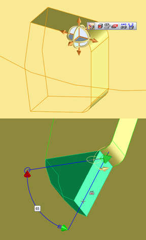Top: a close-up of the Copilot as it appears when you select the entire part by clicking on a vertice. Bottom: rotating a face along an axis using the Copilot.