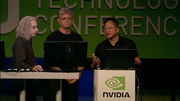 mental images' Michael Kaplan, Autodesk's Ken Pimentel, and NVIDIA CEO Jen-Hsun Huang got ready to demonstrate 3ds Max on GPU-accelerated iray rendering engine.