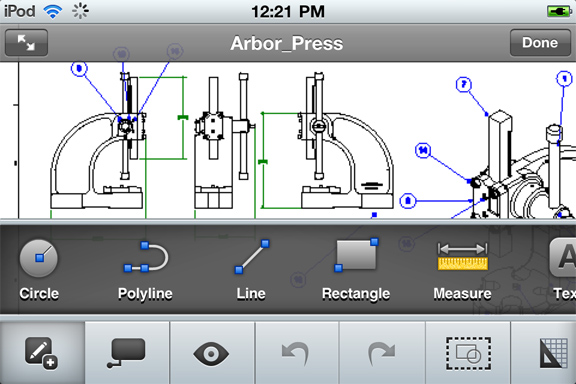 The same DWG file opened in AutoCAD WS Mobile for iPhone/iPod Touch.