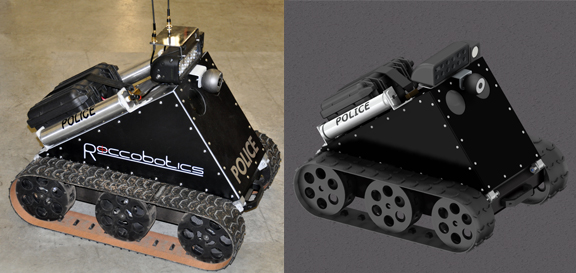 PDBot as it was built (left); PDBot as conceptualized in PTC's Pro/ENGINEER (now rebranded as Creo Elements/Pro).