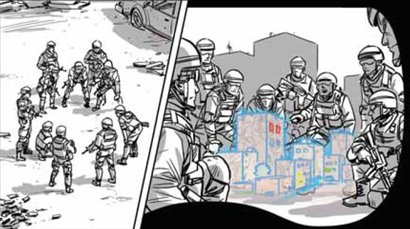 In illustration depicting how soldiers might use iARM's augmented reality setup to plan and execute campaigns in the field. (Image from Tanagram's report on iARM project for DARPA, http://spill.tanagram.com/downloads/iARM_Final_Report.pdf.)