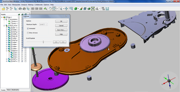 Oracle AutoVue 20.1, shown here displaying a SolidWorks assembly in an exploded view.