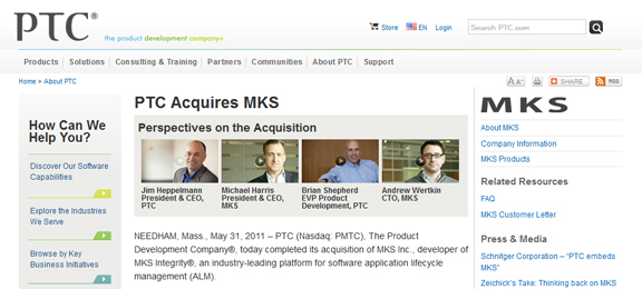 PTC set up a new page to announce the completion of its purchase of MKS.