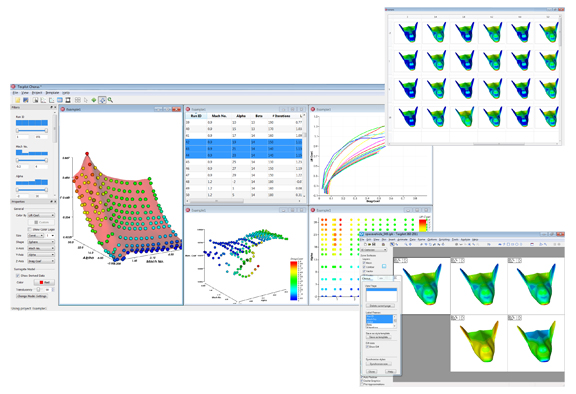 Tecplot Chorus, now in Beta, is a CFD analytic software. This screenshot shows integrated results of lift and drag, plus detailed flow field data on 191 configurations of a concept shuttle vehicle, allowing engineers to quickly compare subsets of the cases (upper right). Chorus has an open interface to CFD post processing applications for 3D post-processing (lower right).