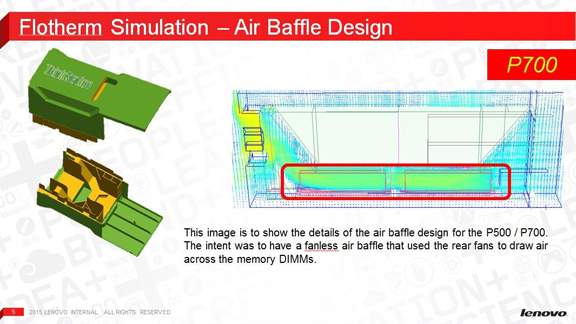 The air baffle in ThinkStation P series allows engineers to reduce the reliance on fans to keep the system cool.
