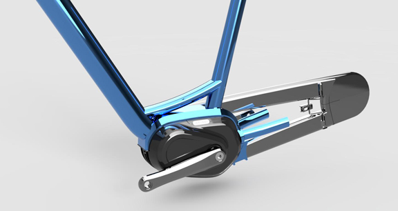 The latest incarnation of the bike's frame, rendered in Autodesk Fusion 360
