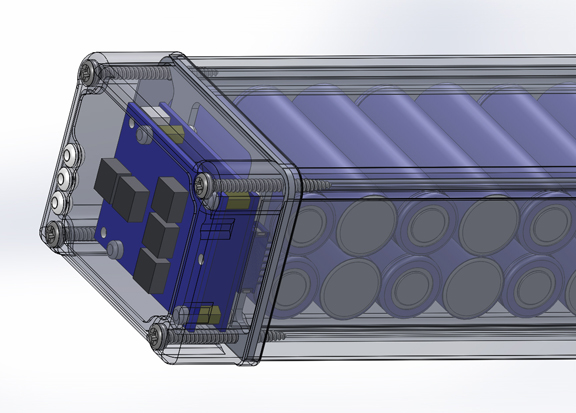 The e-bike's battery pack, as first conceived and designed in SolidWorks.