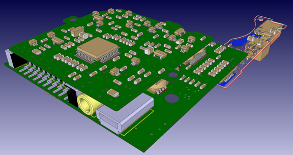 PCB layout with individual 3D components, created in Zuken CR-8000 2015.1.