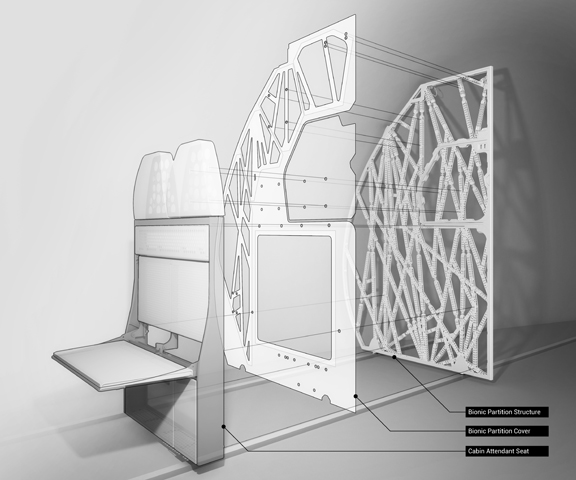 This Airbus partition is conceived using custom algorithms that generate cellular structures and bones. The structure is stronger and more light-weight than would be possible using traditional processes, according to the joint announcement by Autodesk and Airbus (image courtesy of Autodesk).