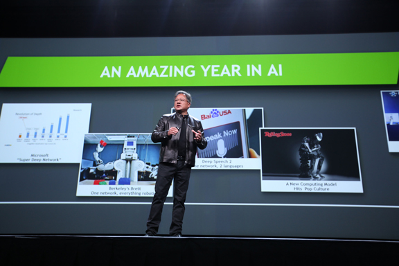 Once a game graphics company, NVIDIA now sets its sights much higher -- on AI, VR, and Big Data. Company CEO Jen-Hsun Huang got ready to discuss advancements in AI at the GTC conference. (Image courtesy of NVIDIA)