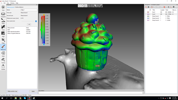 The comparison feature in Artec Studio 11 highlighting the contour and surface deviations detected between two scans.