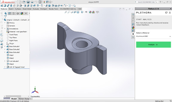 SOLIDWORKS-embedded Plethora plugin analyzing a part for manufacturing issues (image courtesy of Plethora).