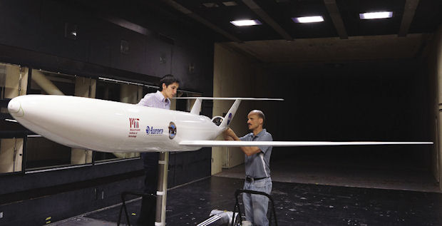 MIT and NASA engineers test a 1/11th scale model version of the D8 airliner concept in the 14-by-22-ft. Subsonic Wind Tunnel at NASA’s Langley Research Center. Image courtesy of NASA Langley/Kathy Barnstorff.