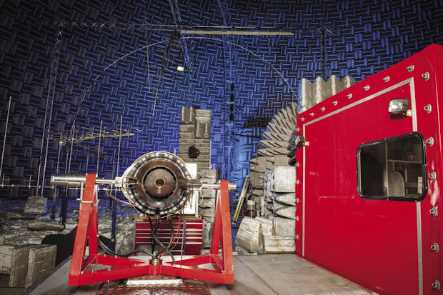 The aero-acoustic propulsion lab at the NASA Glenn Research Facility in Cleveland includes an anechoic testing environment for engine component research and development that is 65 ft. high and 130 ft. in diameter. Image courtesy of NASA.