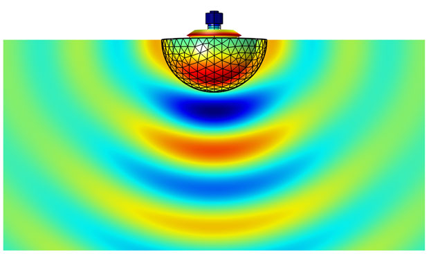 This COMSOL Multiphysics 5.1 screen shot shows a pressure field plotted outside the computational domain (outside the mesh) on a piezoelectric Tonpilz transducer using the software’s Grid 3D data set and the Far-Field Calculation feature. The post-processing on the transducer is plotted on the model's mesh, while the post-processing in the far field is plotted on a simple and invisible rectangular grid in the space encompassing the transducer. Image courtesy of COMSOL, Inc.