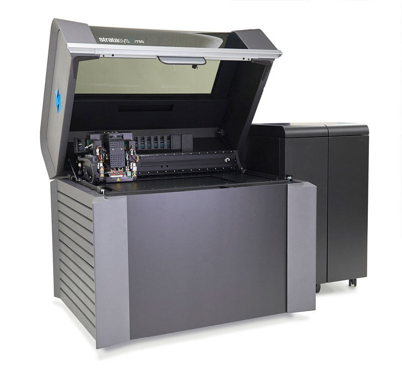 The Stratasys J750 multi-material, full-color 3D printer features a six-cartridge material capacity to keep the most used resins loaded. Image courtesy of Stratasys.