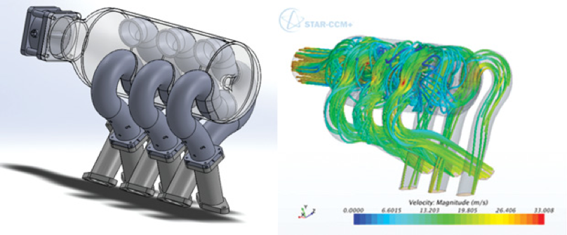 Figure 3: Team 187 – CFD analysis of automotive V6 intake manifold using a software container with STAR-CCM+ in the Azure Cloud. Left: manifold geometry. Right: velocity streamlines from CFD simulation.