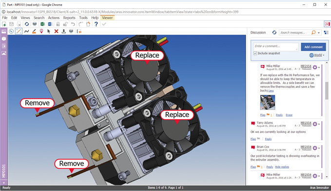 Aras Innovator PLM software includes Visual Collaboration, a browser-based environment for model and document review. Image courtesy of Aras Software. 