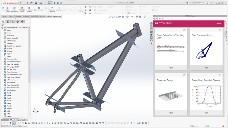 The COMSOL Multiphysics ribbon tab and embedded COMSOL Server interface in the SOLIDWORKS user interface via LiveLink. Image courtesy of COMSOL.