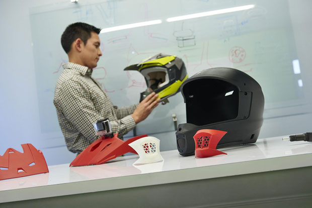These motorcycle helmet prototypes were produced on the new Stratasys F370 3D printer at the Center for Advanced Design where they're being tested for design validation. Image courtesy of Stratasys Ltd.