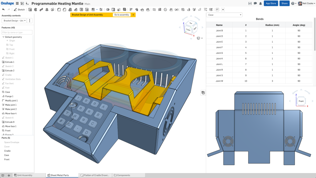 Onshape says it will offer sheet metal designers and manufacturers simultaneous and synchronized flat, folded and tabular views. Image courtesy of Onshape.