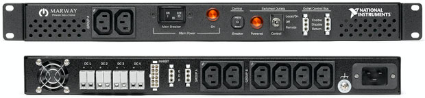 A 16-amp ATE Core Configuration can be equipped with a single-phase PDU (power distribution unit) that supports global input voltages (100–240 V, 50–60 Hz) and a 16-amp (IEC 60309 C20) input connector cabled to the power entry panel directly. Image courtesy of National Instruments.