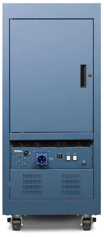 A view of the backside of an NI ATE Core Configuration showing the accessible rear door. The bottom air inlet panel for increased air flow can be customized to add filtering. Image courtesy of National Instruments.