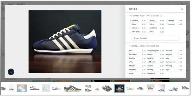 Clarifai’s machine learning-based image-recognition tool can learn to recognize particular groups of objects, such as Adidas sneakers. Image courtesy of Clarifai.