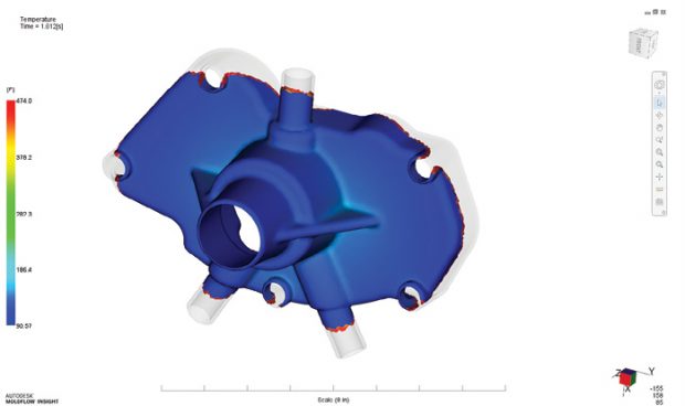 Autodesk Moldflow, targeting the injection molding industry, is inherently multiphysics. The above Moldflow results show: the fill time (flow), frozen layer fraction (phase change), temperature (cavity and core) and von Mises stresses (core) of a water pump housing model and the mold assembly. Images courtesy of Autodesk.